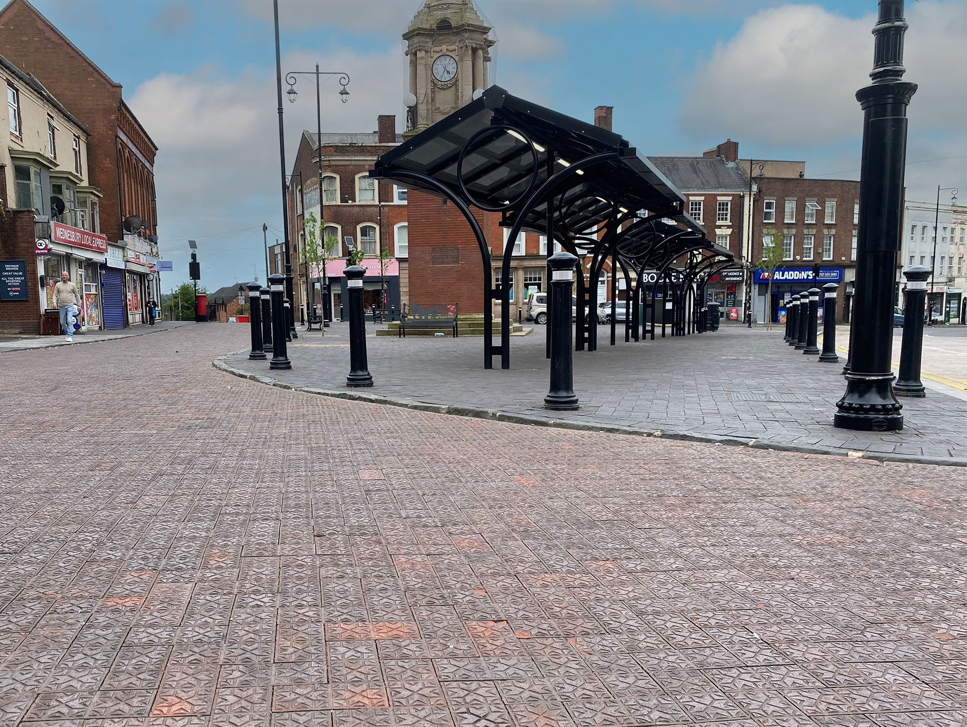 star patterned pavers in brown brindle at Wednesbury Market Place